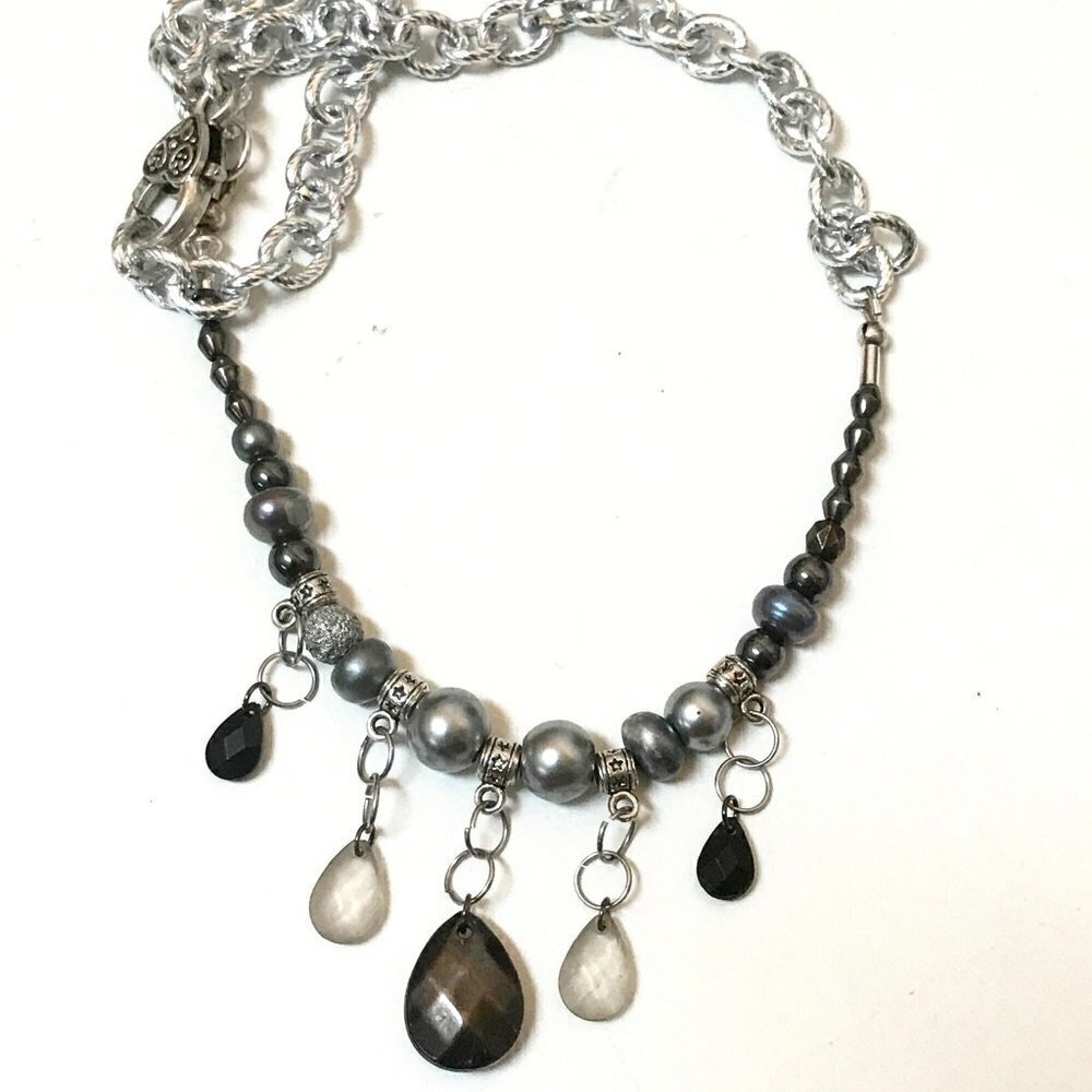 Handmade Fringe Necklace Bib Choker Chain NWT Beaded Silver Pearl Biker Festival - Picture 5 of 5